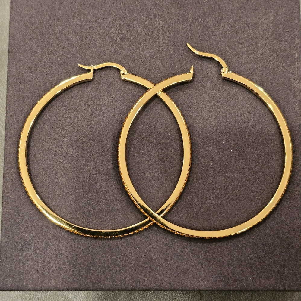 Citrine 2.25" hoop earrings set in 14k gold plated sterling silver. Hinged clasp - Picture 10 of 10